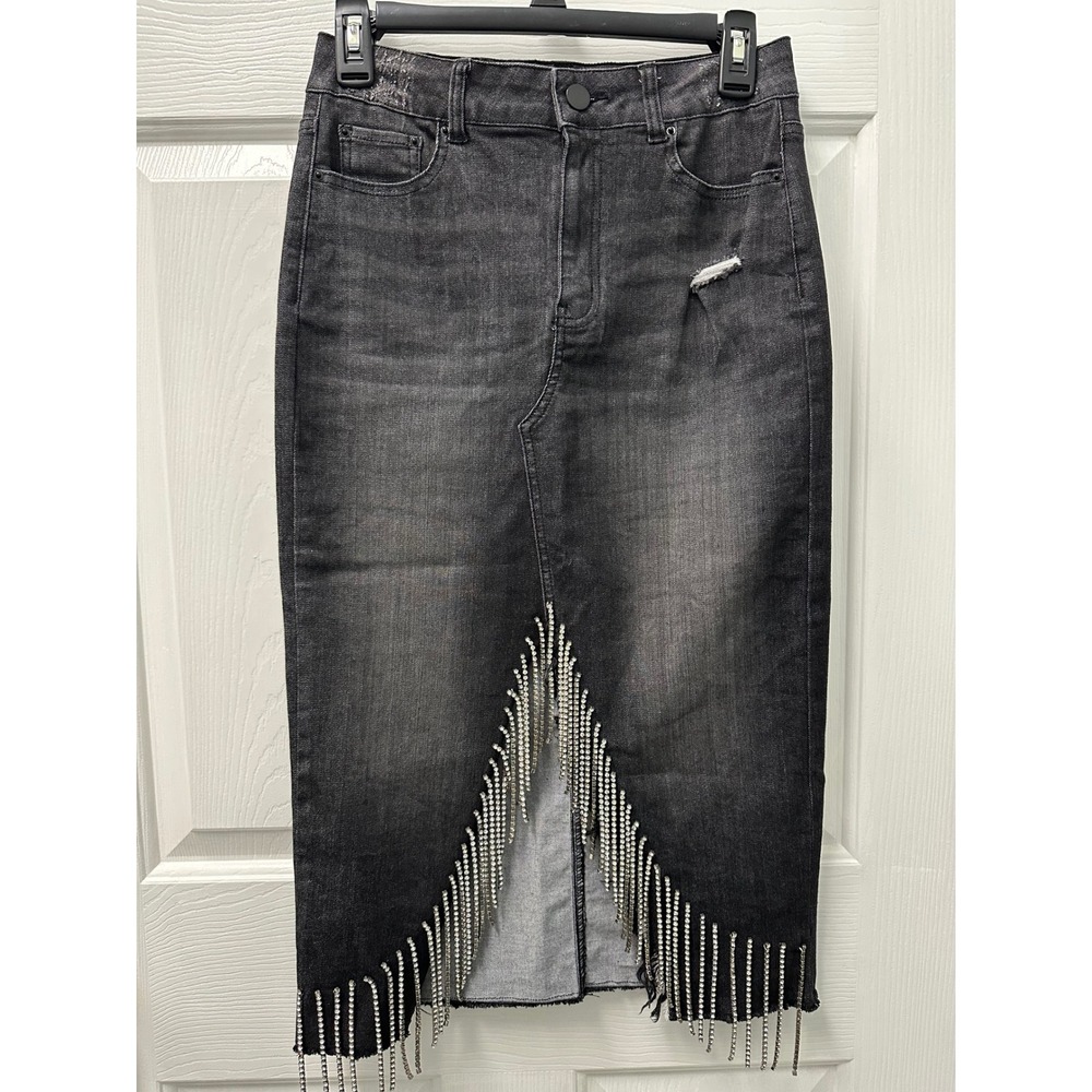AZY Black Washed Denim Midi Skirt Rhinestone Fringe Front Slit Medium READ